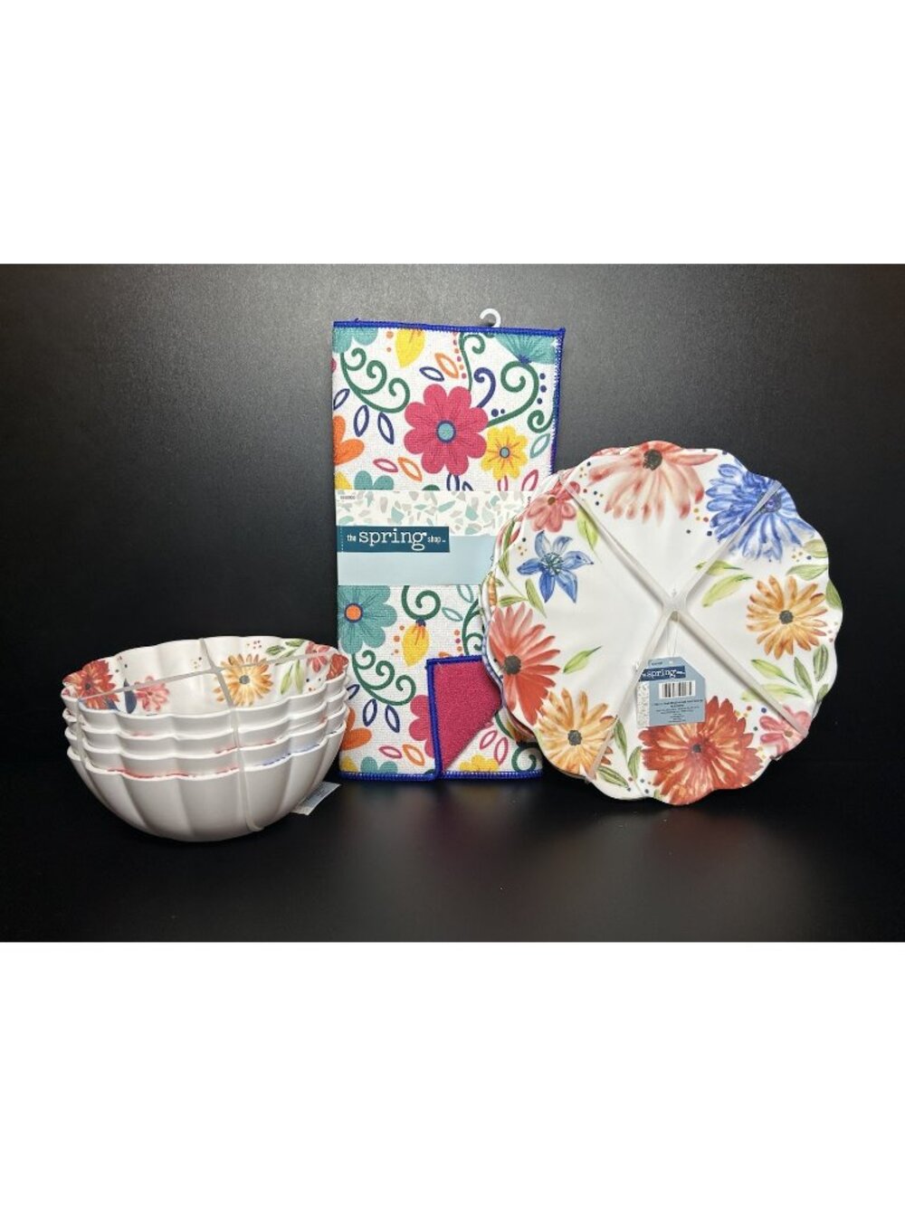 Melamine SET of 9 Dinner Plate Salad Dessert Bowls Dinnerware Dry Mat Floral NWT